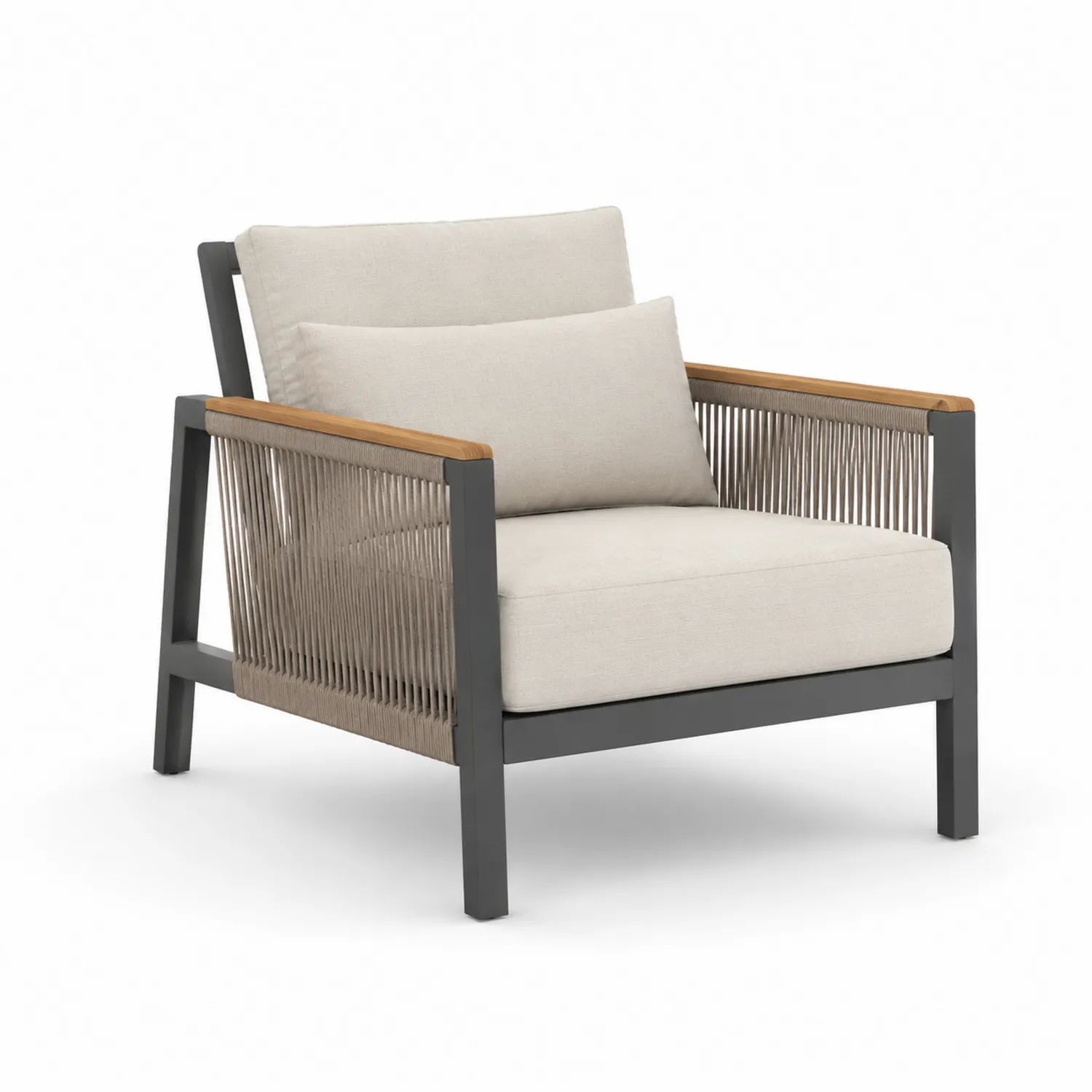Fauteuil d'extérieur en métal et corde avec accoudoirs en bois Beige