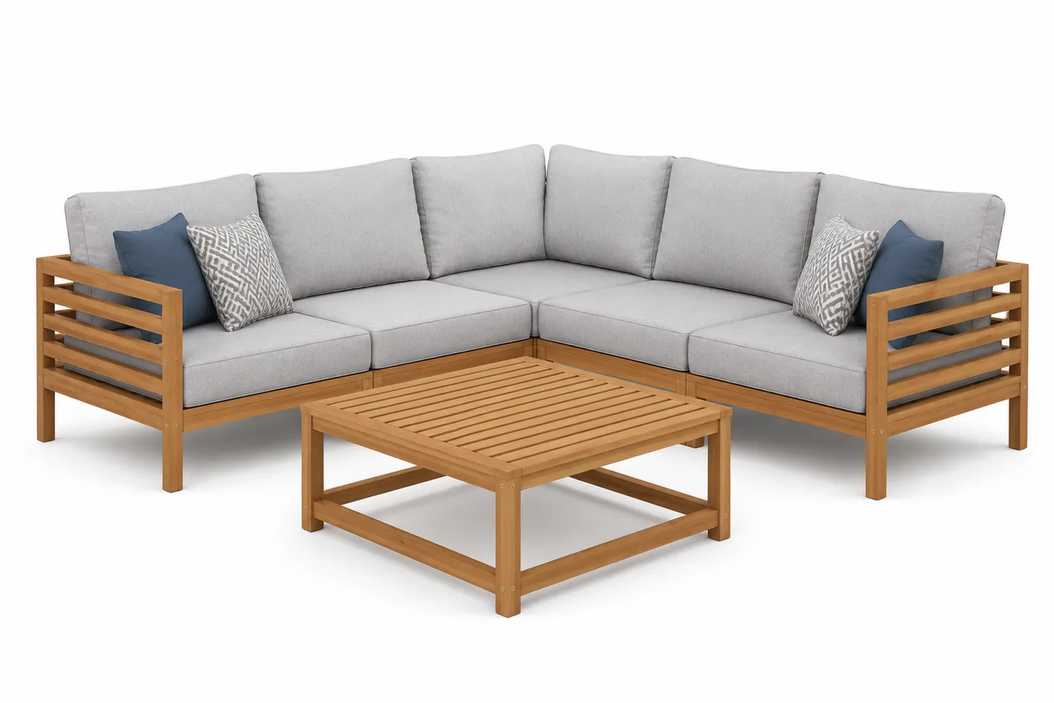 Salon de jardin en bois avec coussins gris