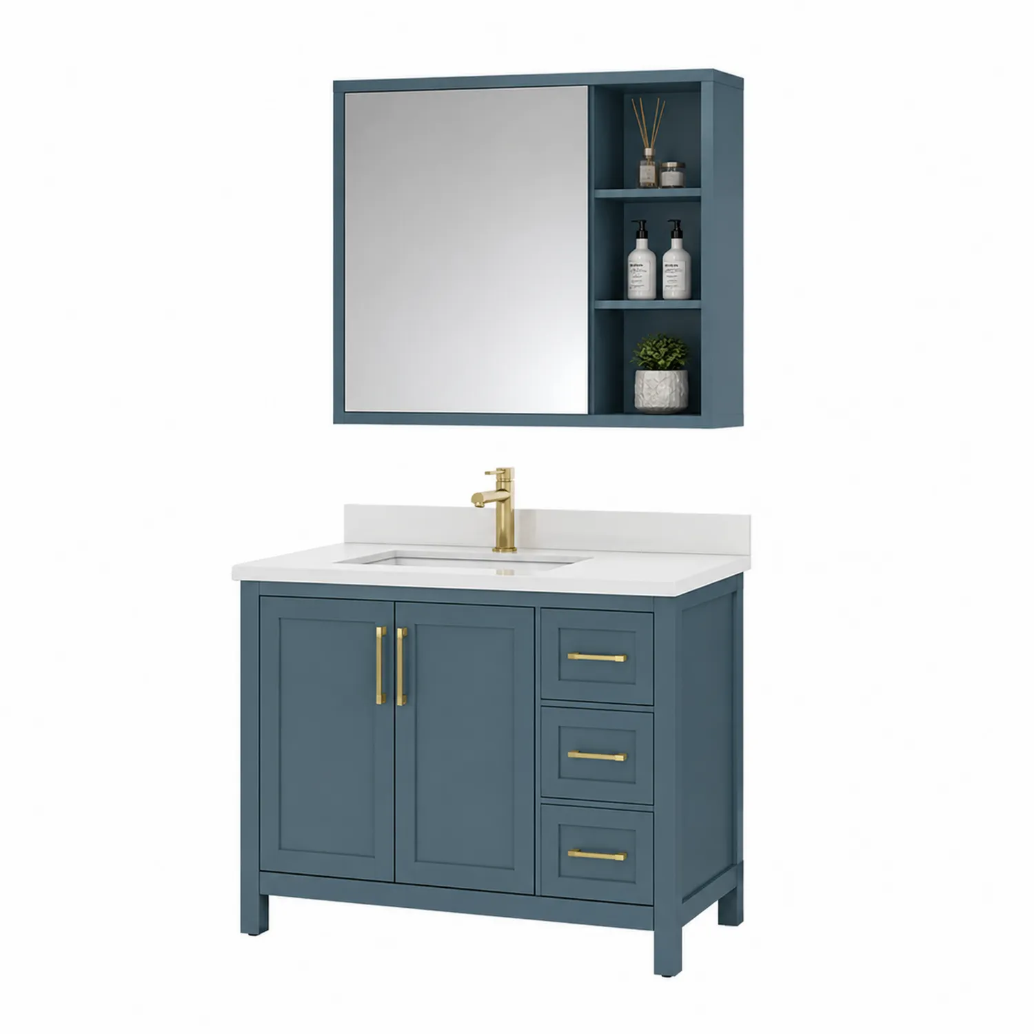 Meuble de salle de bain en bois avec lavabo en quartz et miroir Bleu
