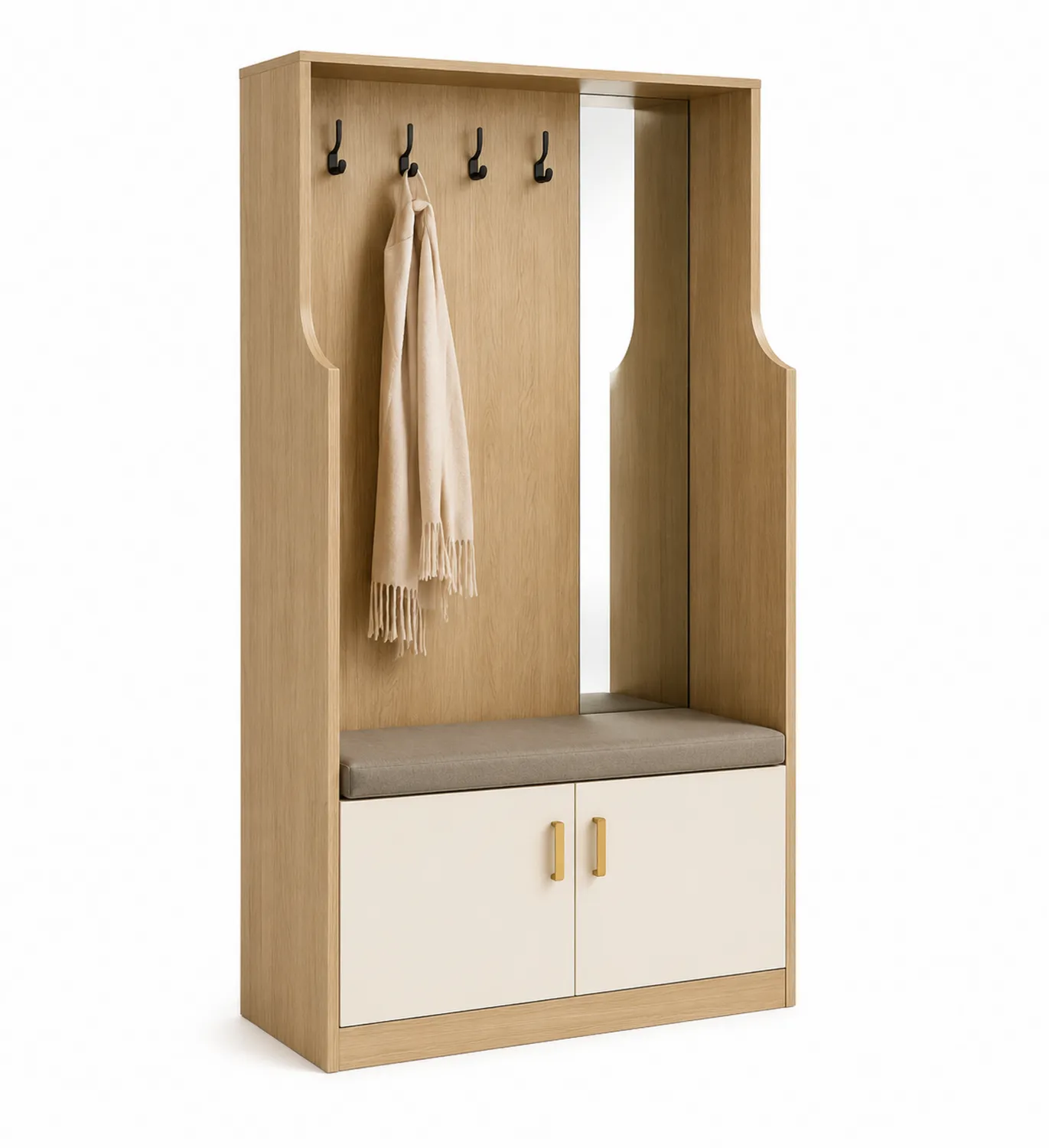 Portemanteau d'entrée en bois avec miroir et tissu