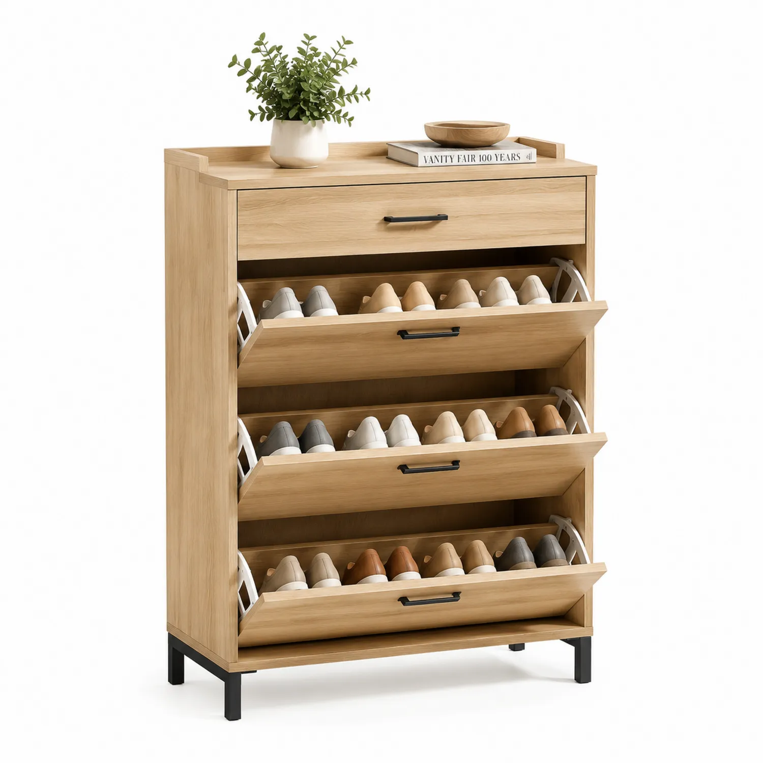 Meuble à chaussures en bois 4 niveaux chêne clair 120x80x24 cm