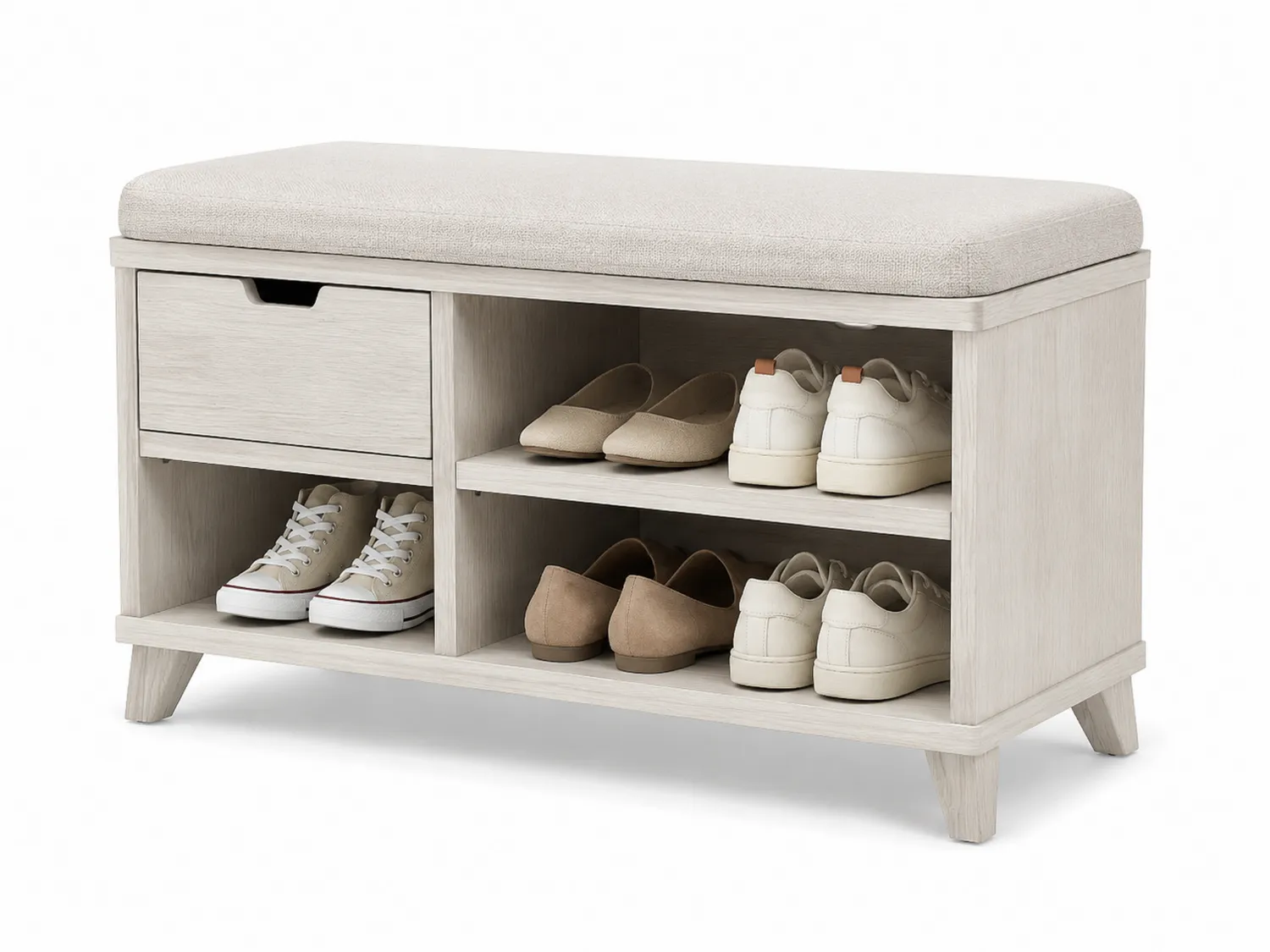 Banc à chaussures en bois avec coussin en lin, 80x30x45 cm, Beige