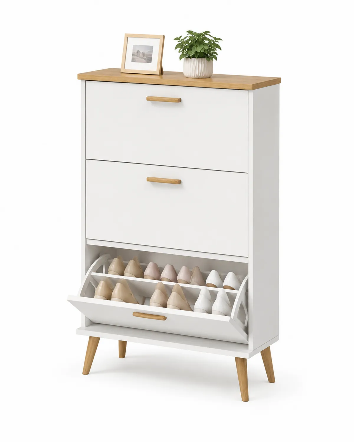 Armoire à chaussures en bois avec portes abattantes, 3 niveaux, Blanc et Bois clair