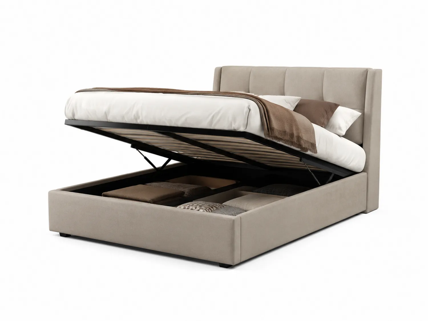Lit en tissu avec rangement en bois massif 140x200 cm