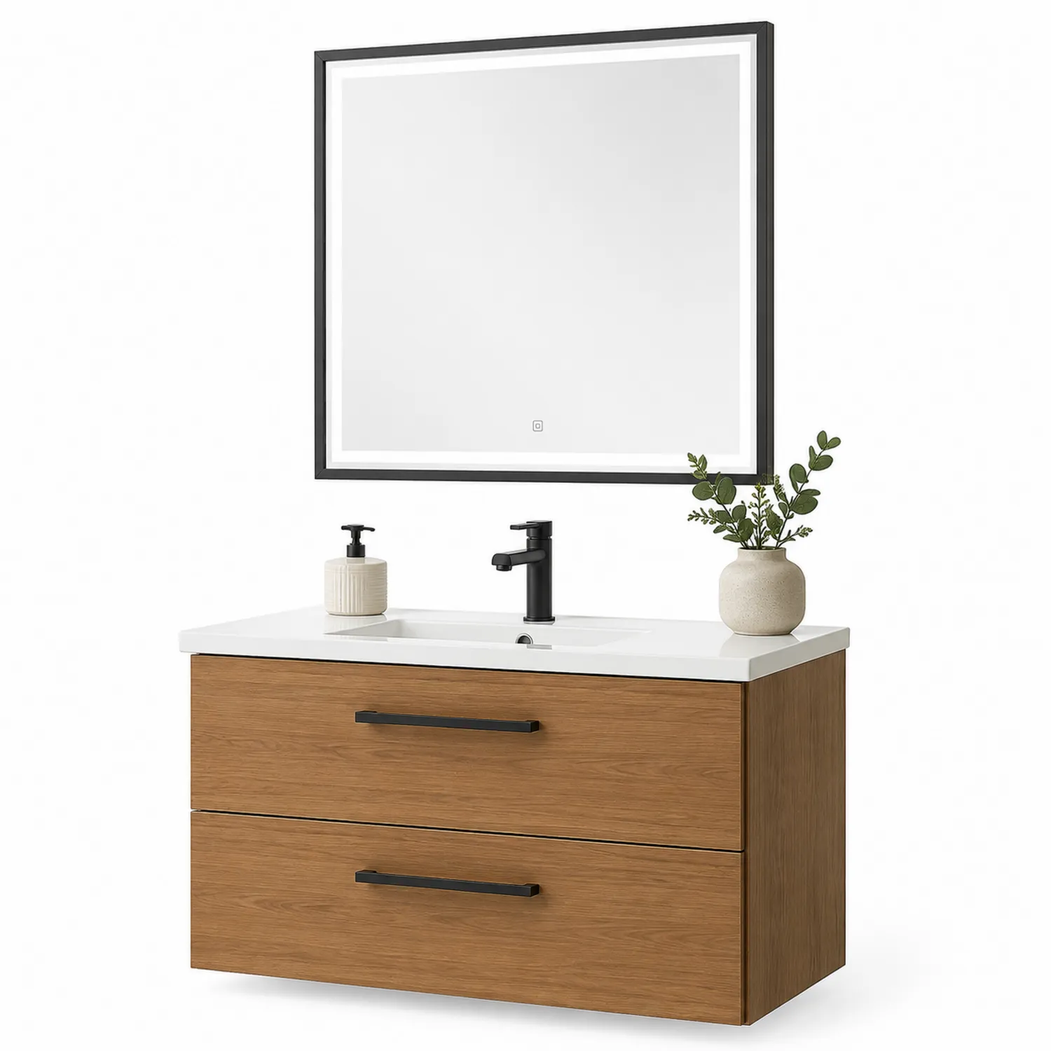 Meuble de salle de bain en bois avec lavabo en grès cérame et miroir LED 90cm Marron