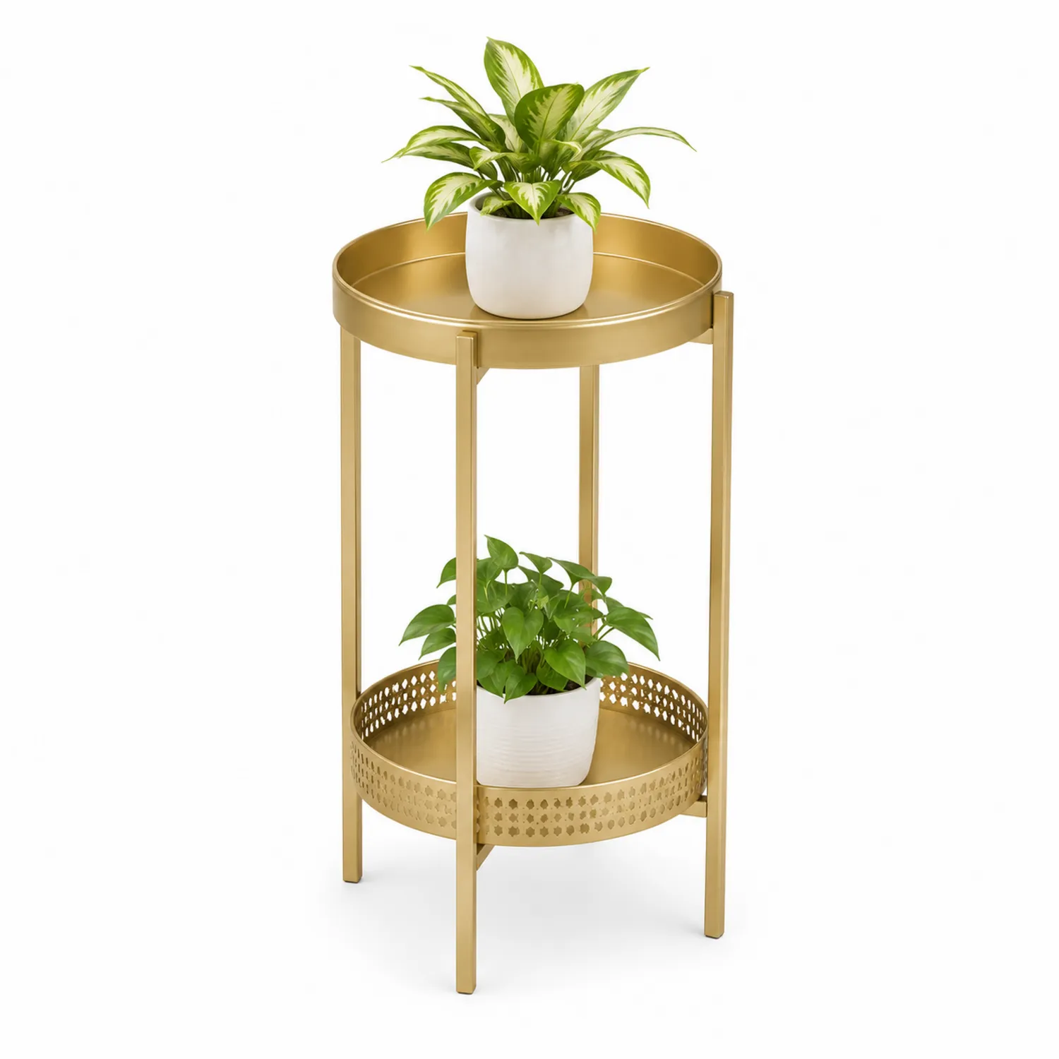 Table d'appoint en métal doré à deux niveaux