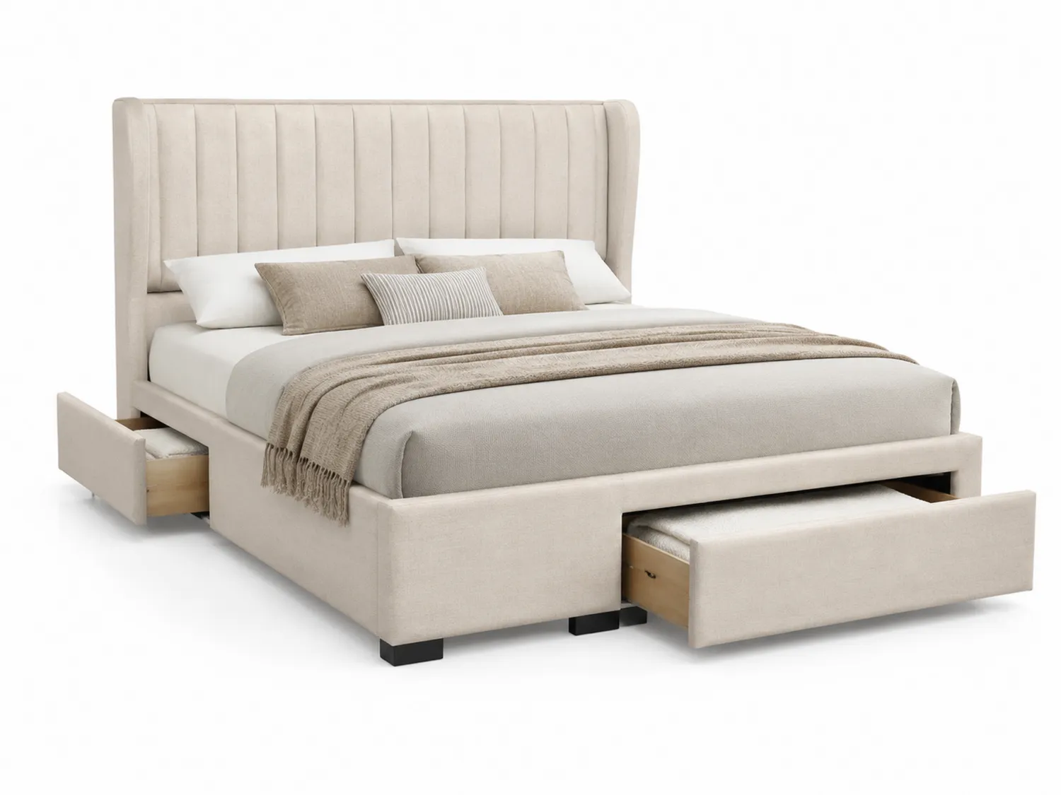 Lit King Size en Bois et Tissu Beige avec Tiroirs 200x180 cm