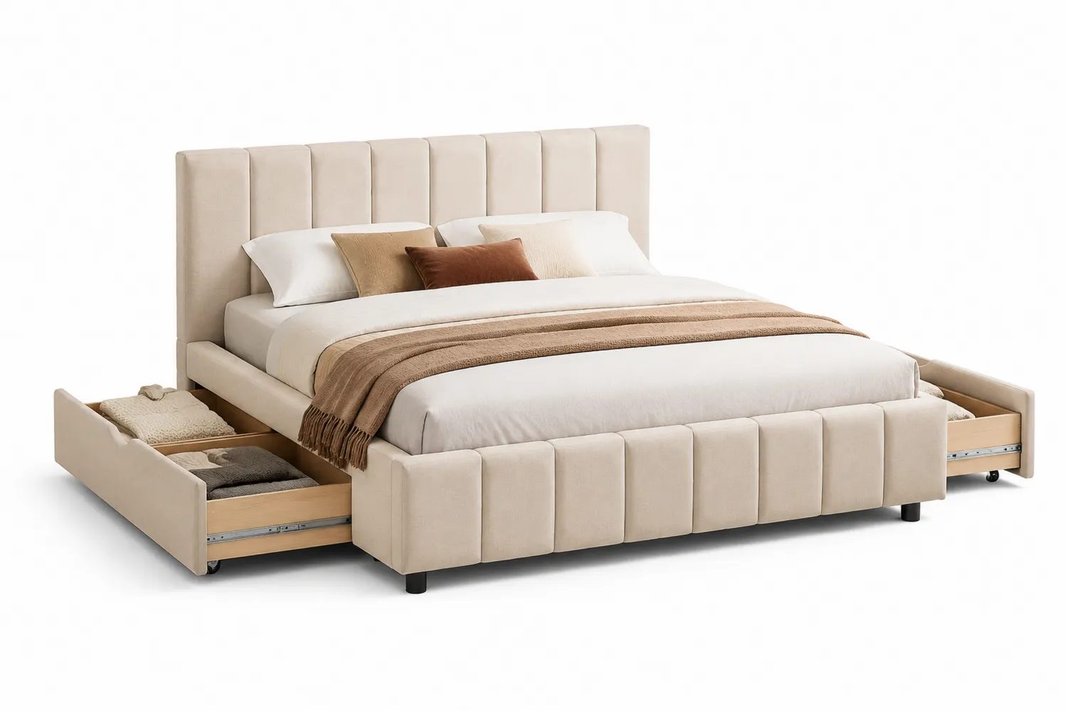 Lit double avec rangement en tissu Beige 160x200 cm