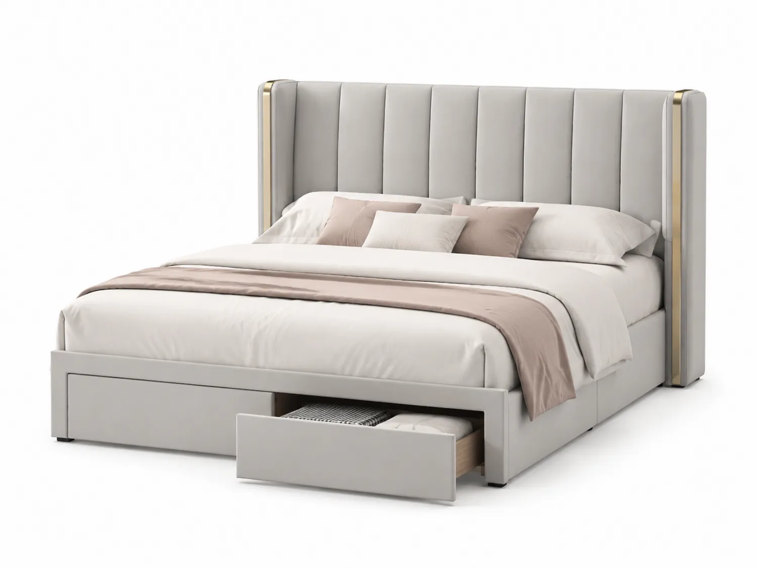 Lit double en bois avec tête de lit rembourrée et tiroirs de rangement 160x200 cm