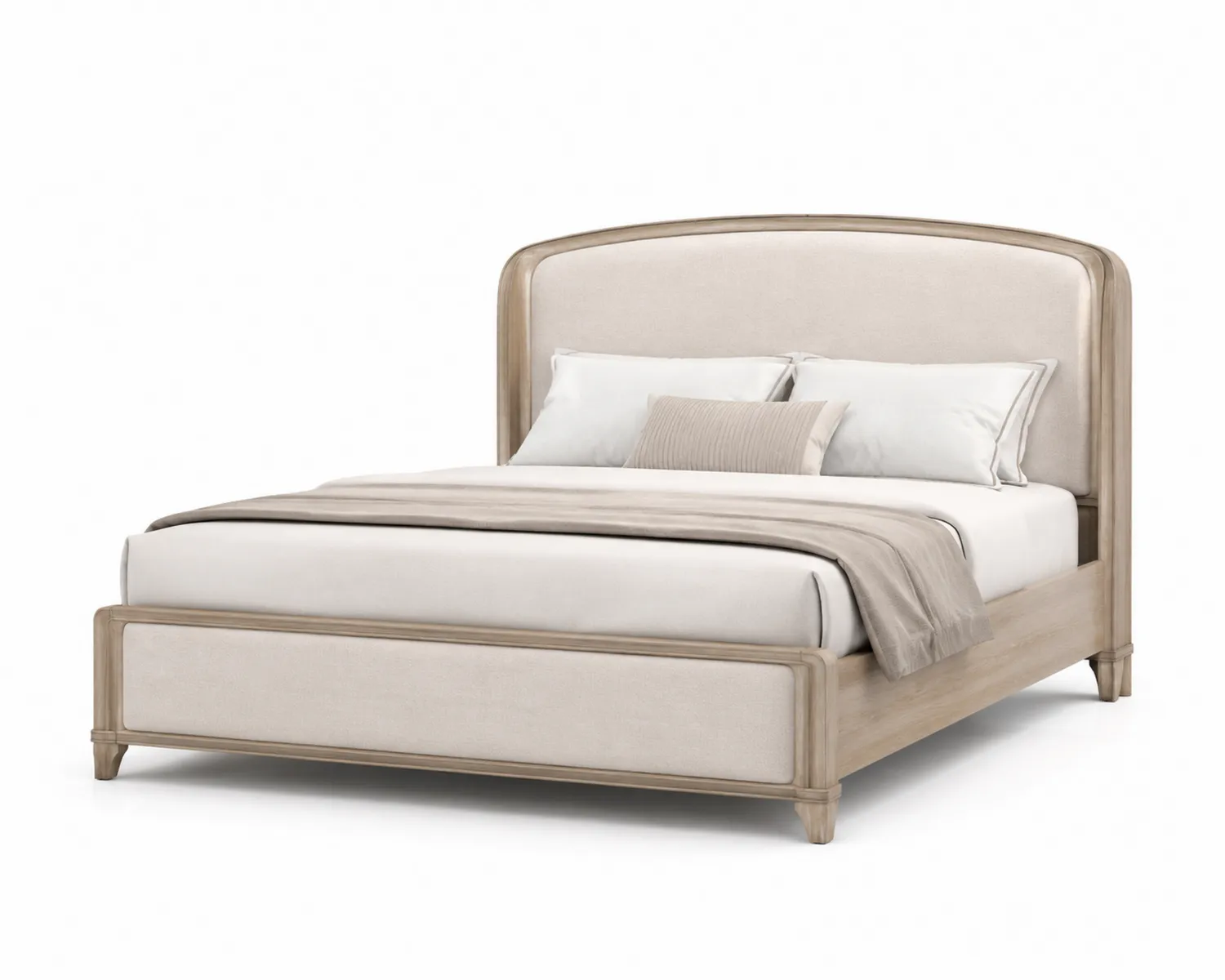 Lit double en bois avec tête de lit en tissu beige