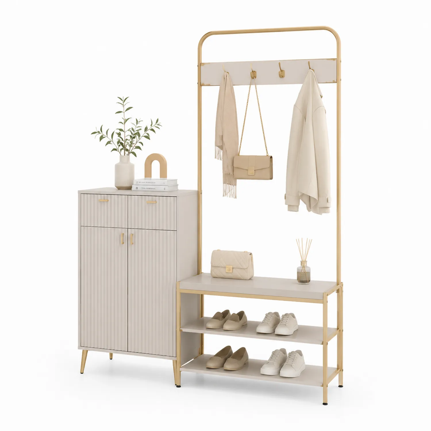 Portemanteau en métal avec étagère à chaussures et armoire en bois Blanc et Doré