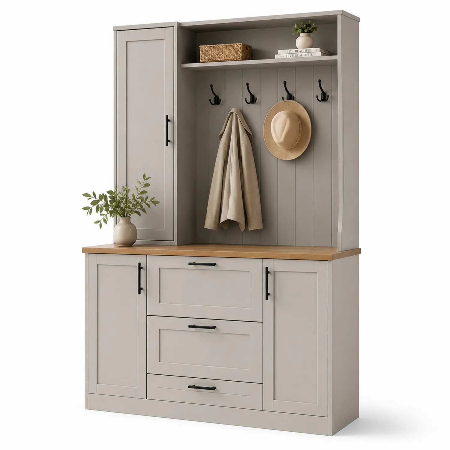 Meuble d'entrée en bois et métal avec étagère et crochets, Gris et Chêne