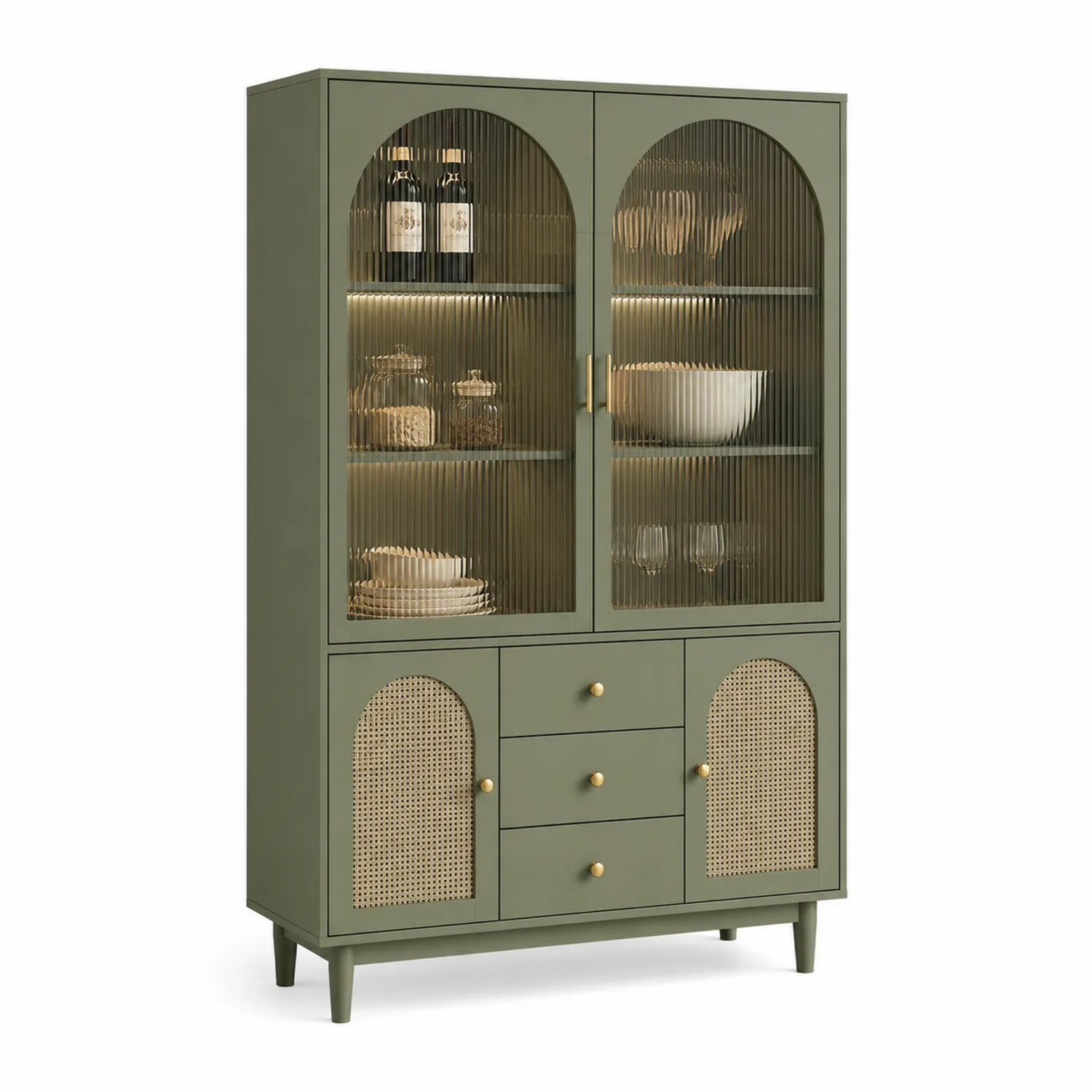 Buffet vaisselier en bois, verre cannelé et rotin synthétique vert