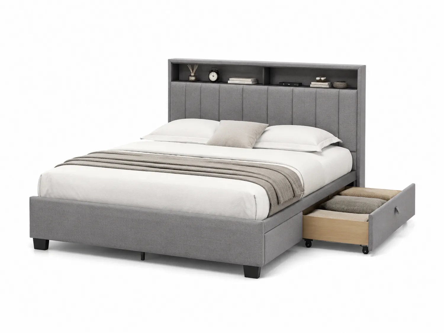 Lit double en tissu gris avec rangement et tête de lit étagère