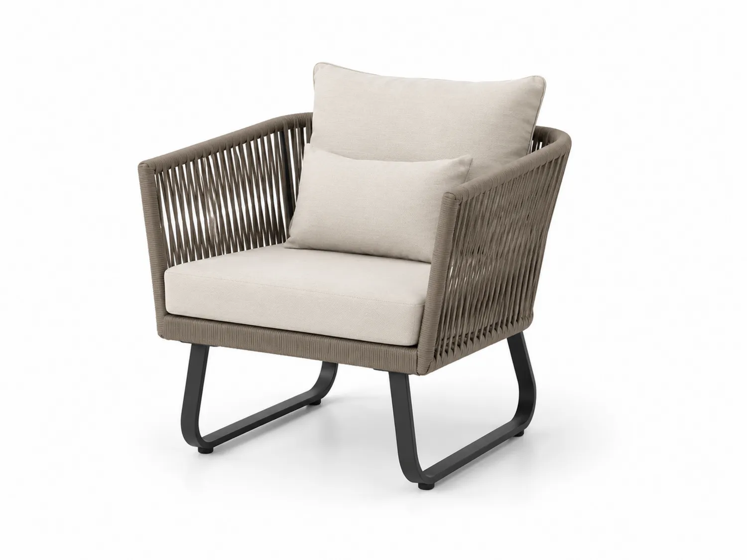 Fauteuil en corde polyester avec structure en acier et coussins amovibles