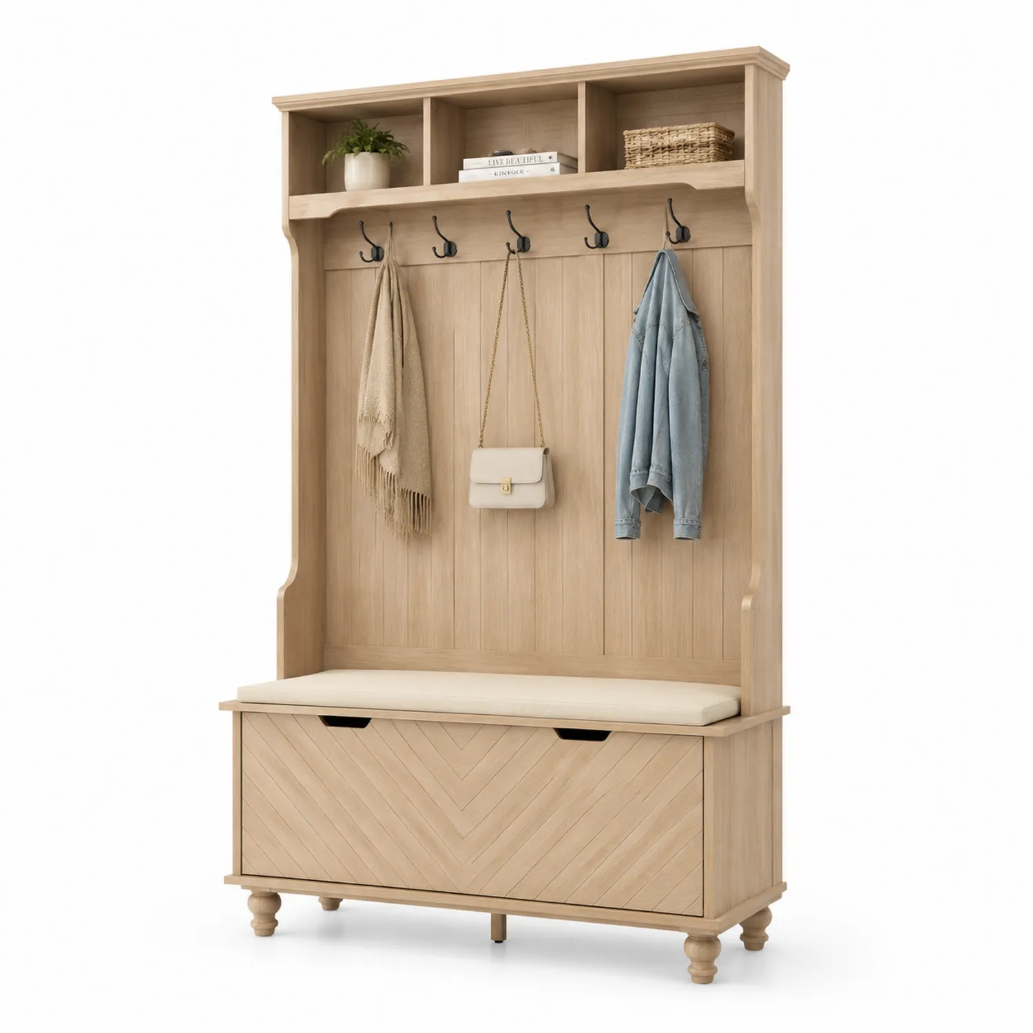 Portemanteau en Bois avec Casiers et Banc de Rangement
