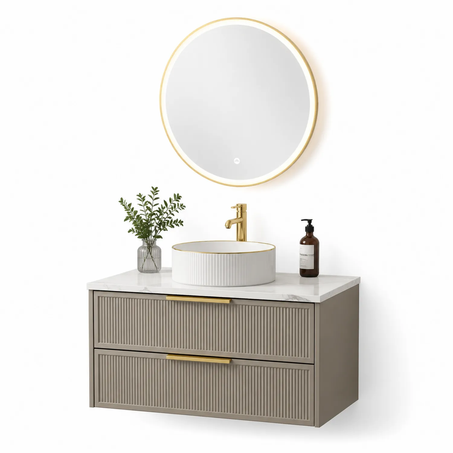 Meuble lavabo simple en bois avec miroir rond et marbre artificiel