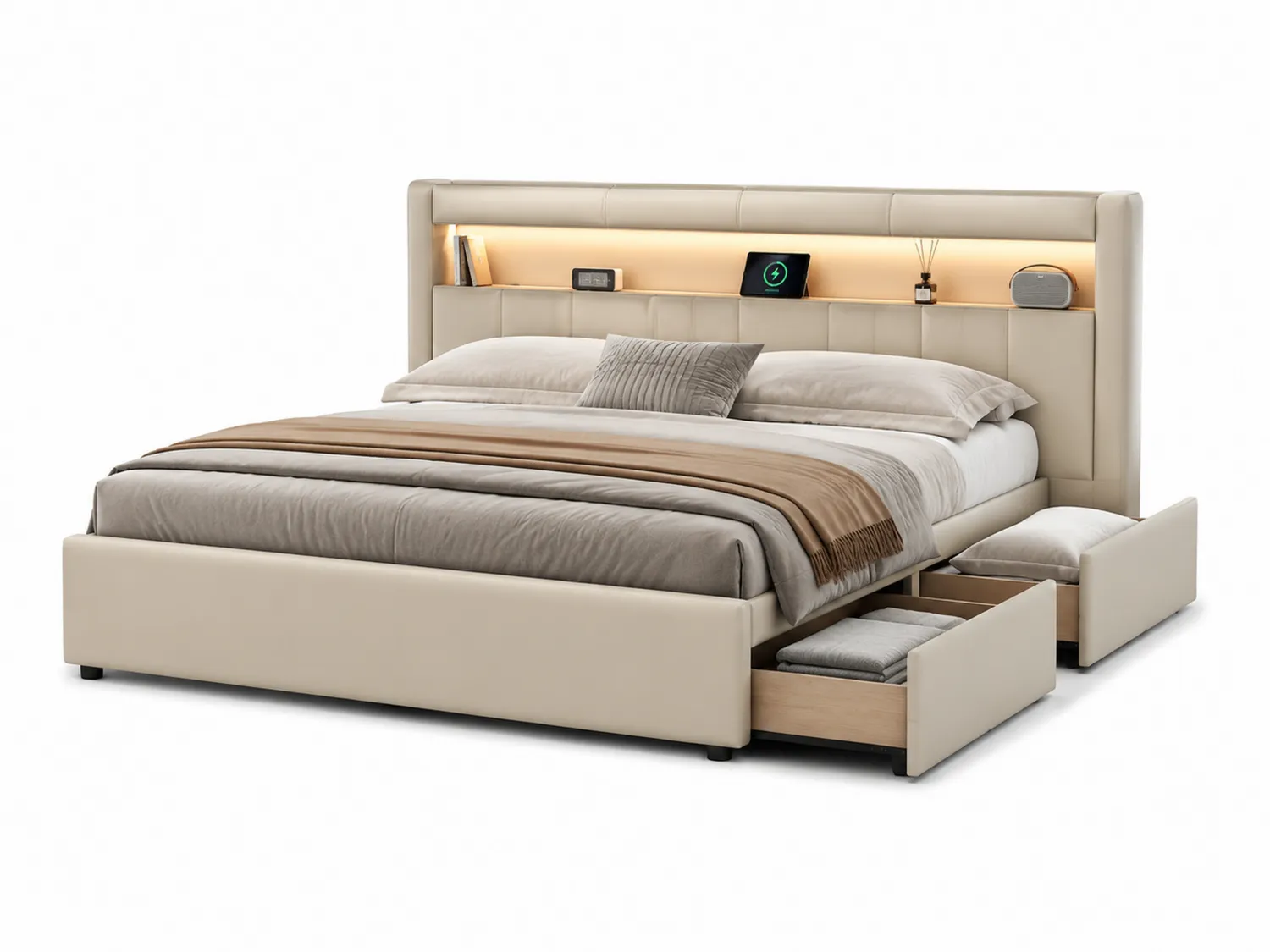 Lit en cuir synthétique beige avec rangement et éclairage 200x160cm