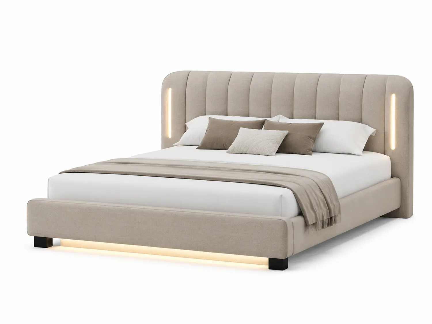 Lit double en tissu avec éclairage LED et structure en bois, Beige, 200x160 cm