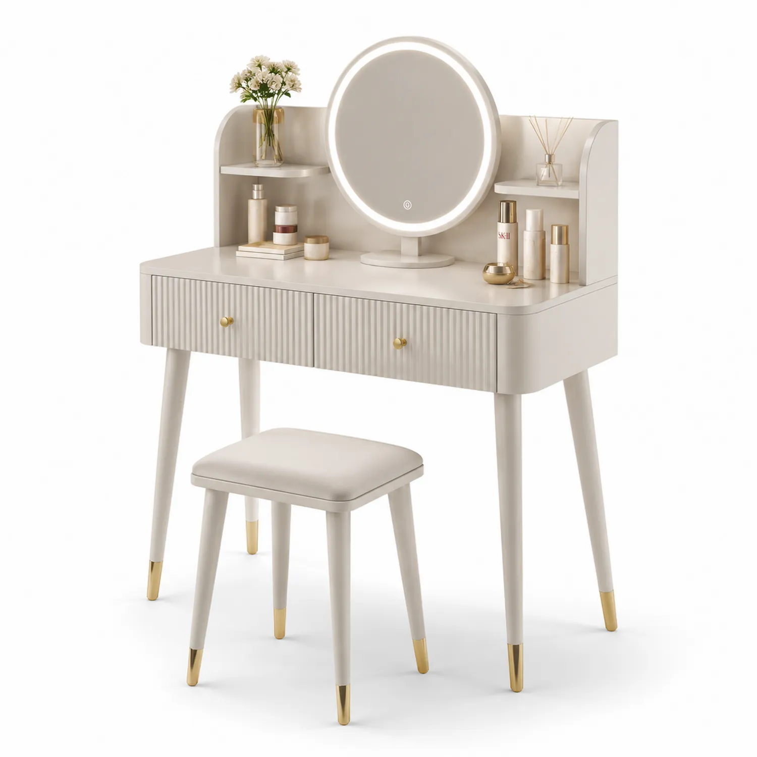 Coiffeuse en bois avec miroir LED et tabouret rembourré Beige