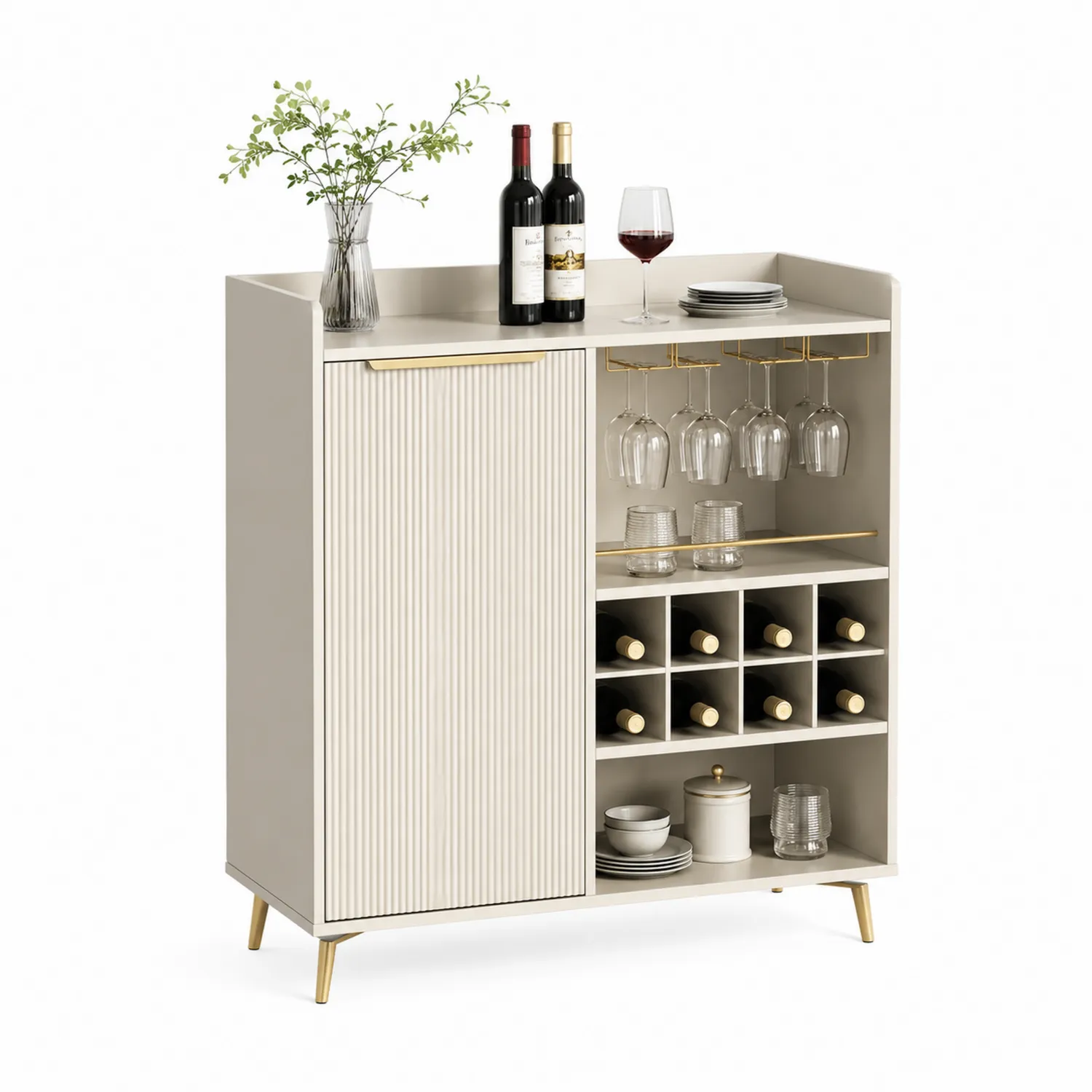 Buffet en bois MDF avec étagère à vin et porte-verres, Beige, 100x80x35 cm