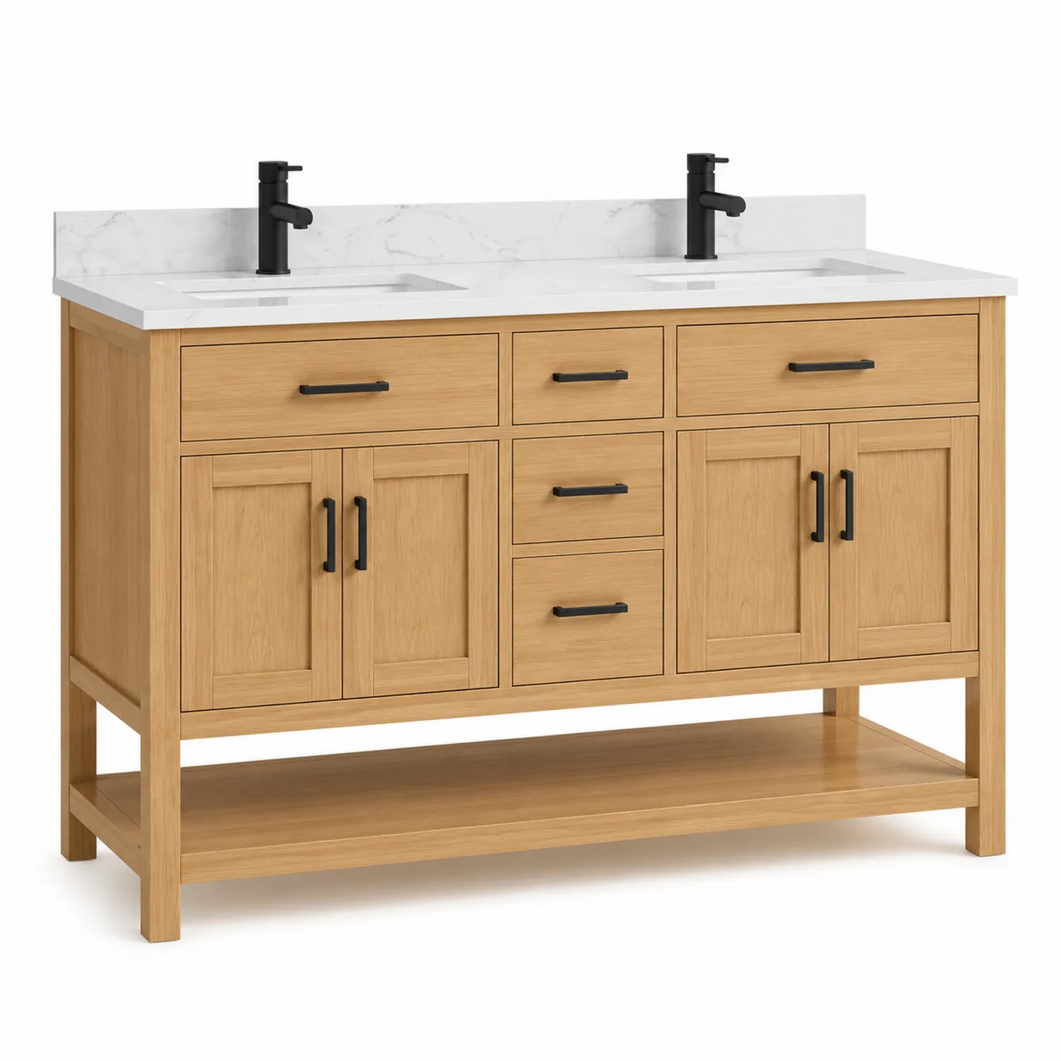 Meuble lavabo double en bois chêne et quartz blanc 150x55x85 cm