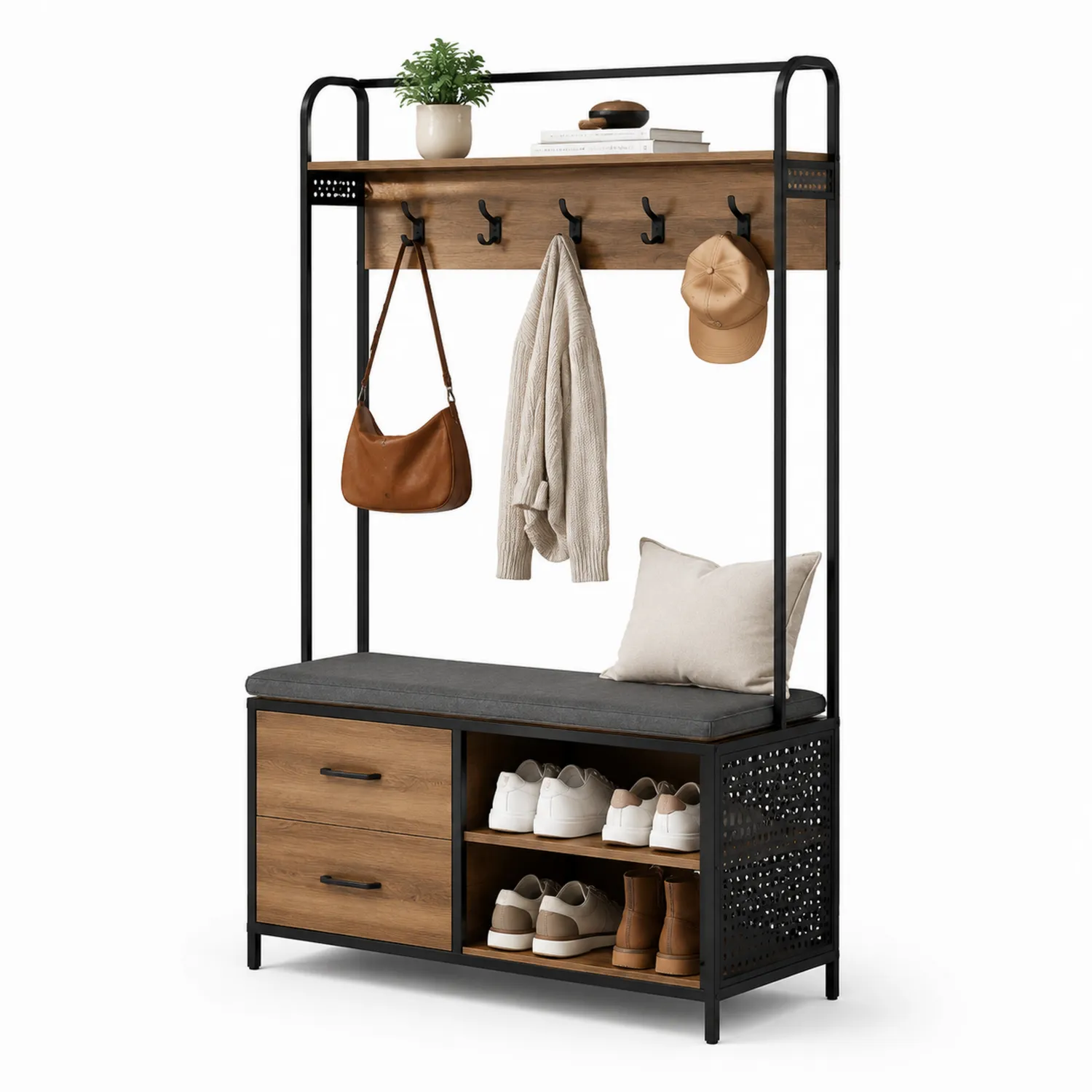 Portemanteau en bois et métal avec banc de rangement