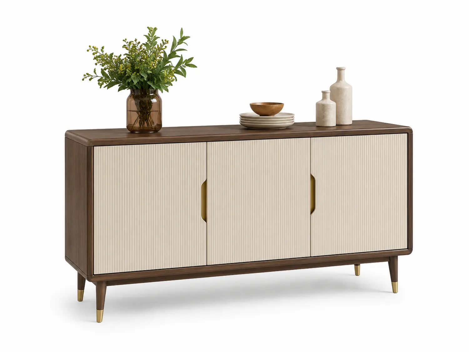 Buffet en bois avec finition noyer et portes beige