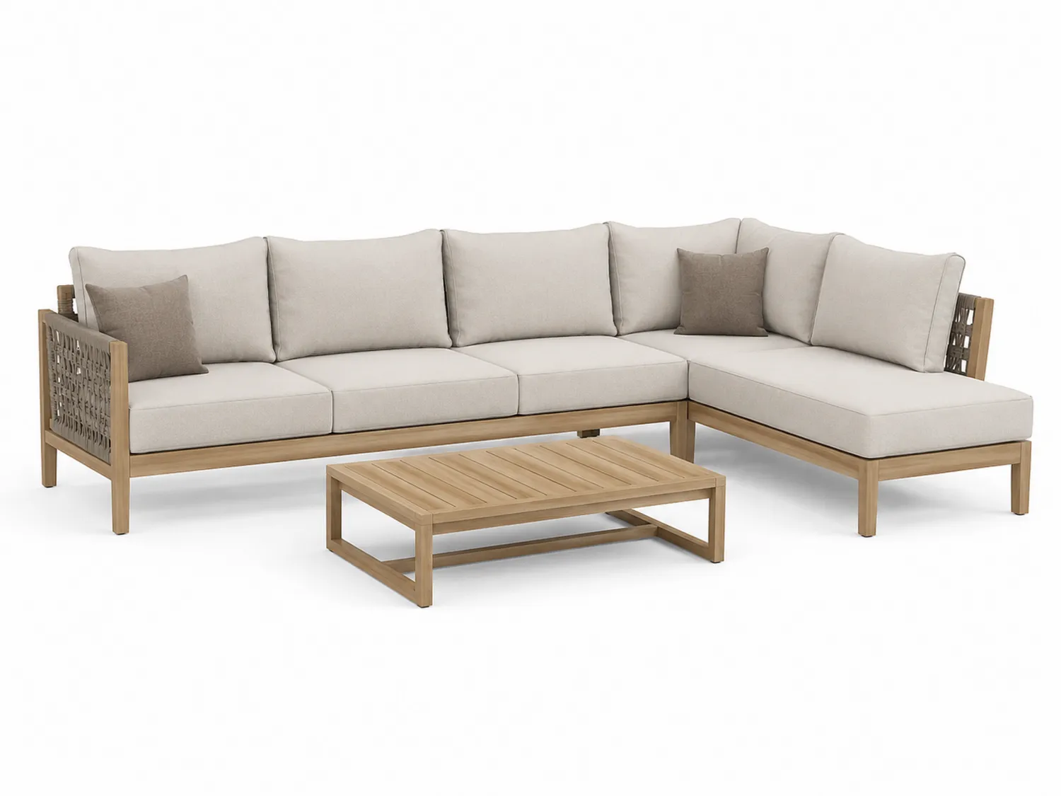 Canapé d'angle extérieur en bois d'acacia avec coussins beige en polyester