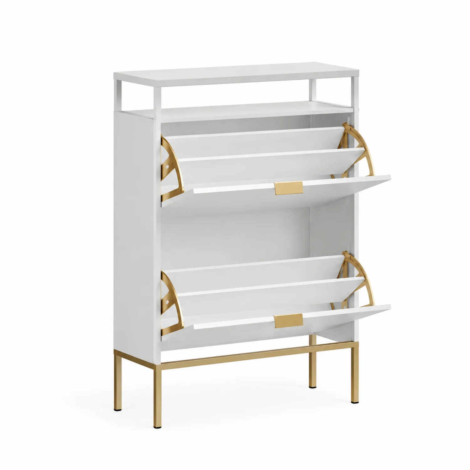 Armoire à chaussures en bois MDF et métal, 3 niveaux, Blanc/Doré