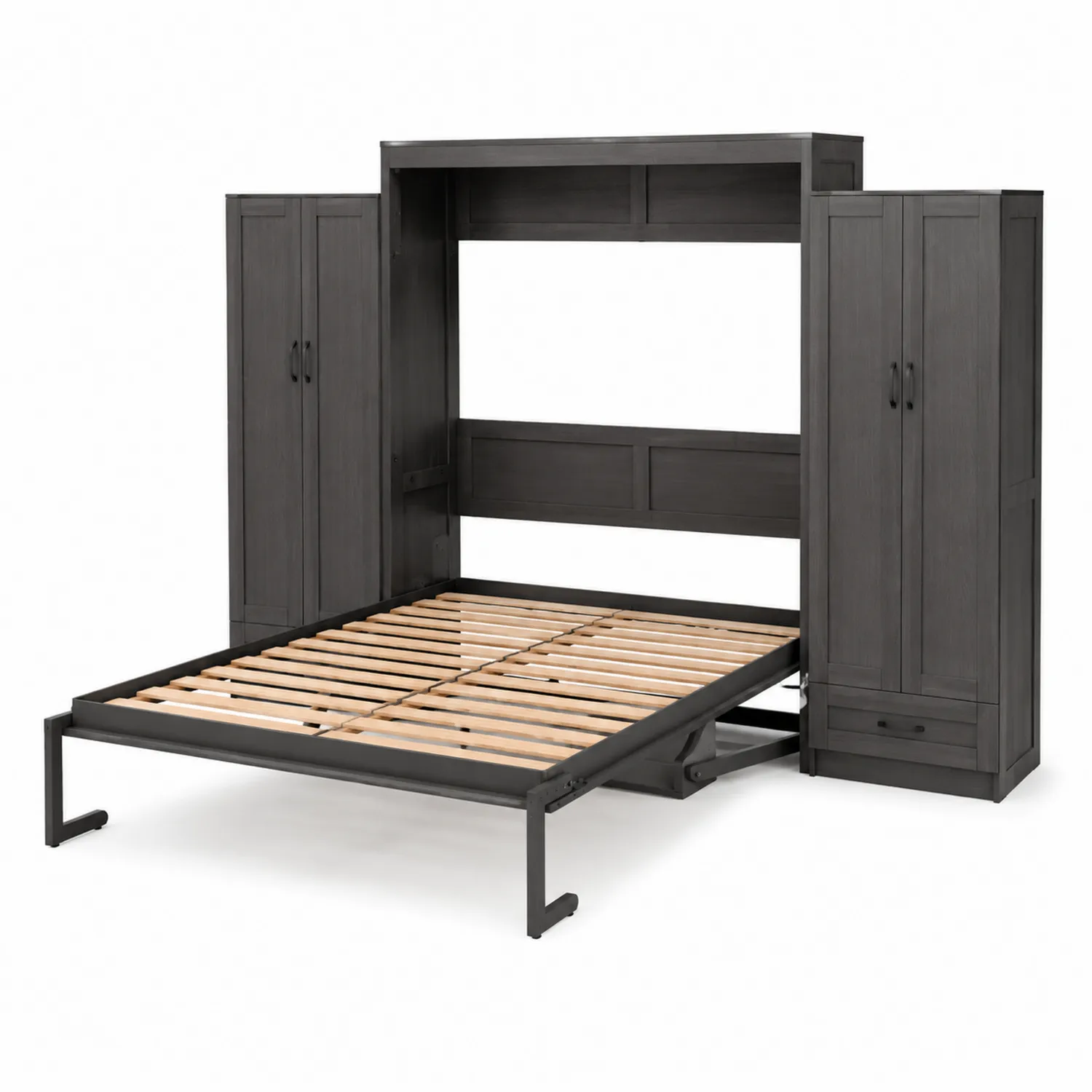Lit escamotable en bois et métal avec armoires de rangement, 200x150 cm, Gris foncé