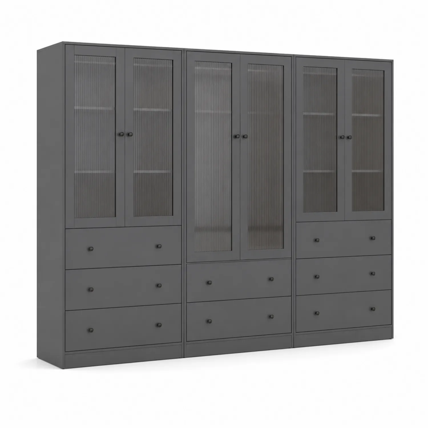 Armoire en Bois avec Portes en Verre et Tiroirs Gris