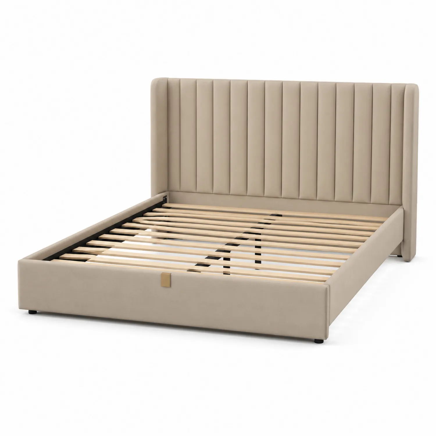 Lit en bois et tissu beige 160x200 cm avec tête de lit