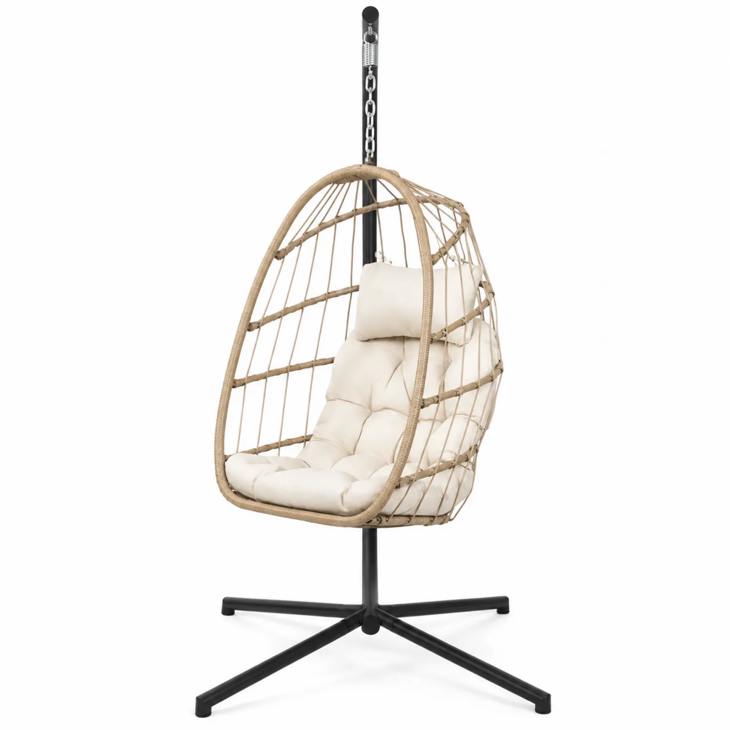 Chaise suspendue en rotin avec coussin crème et support en métal