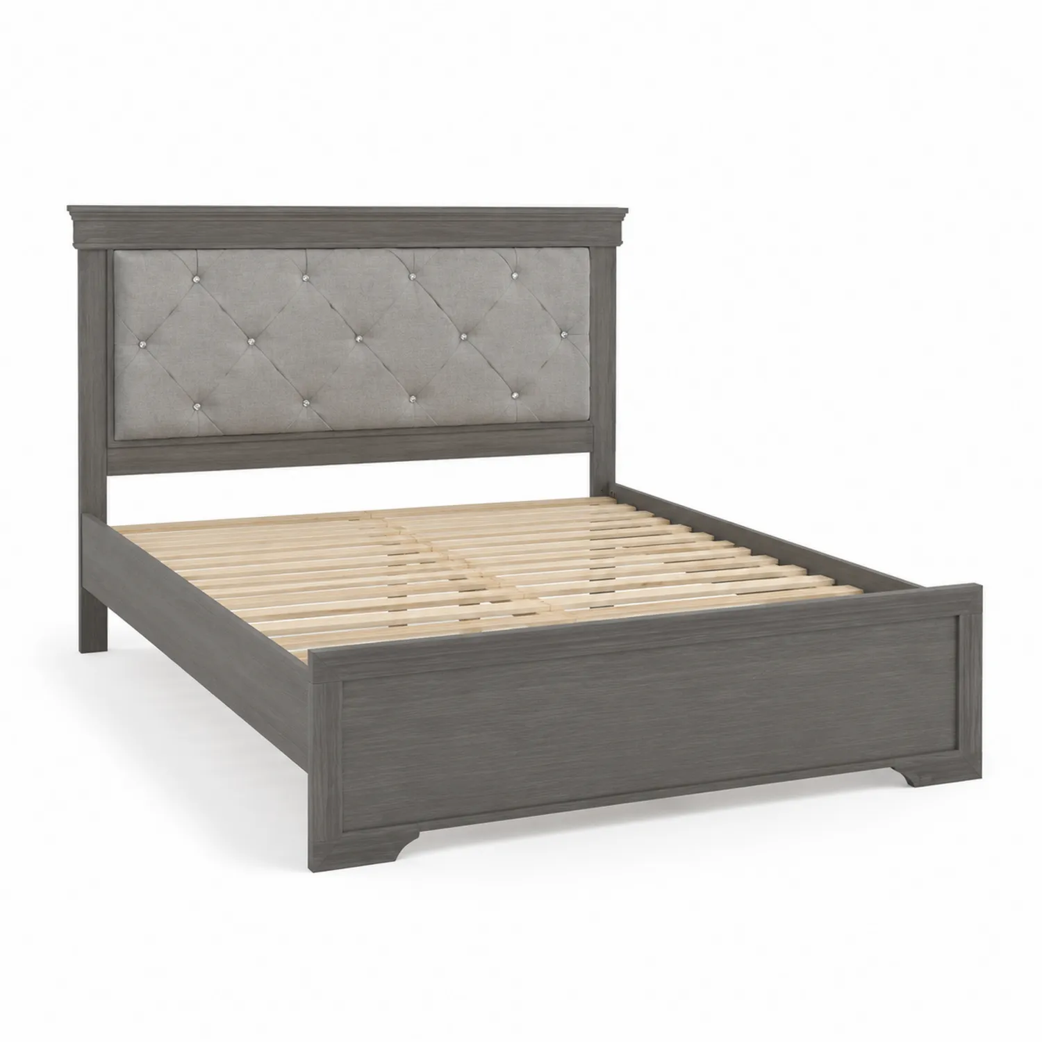 Lit en bois avec tête de lit capitonnée en tissu gris 200x160 cm