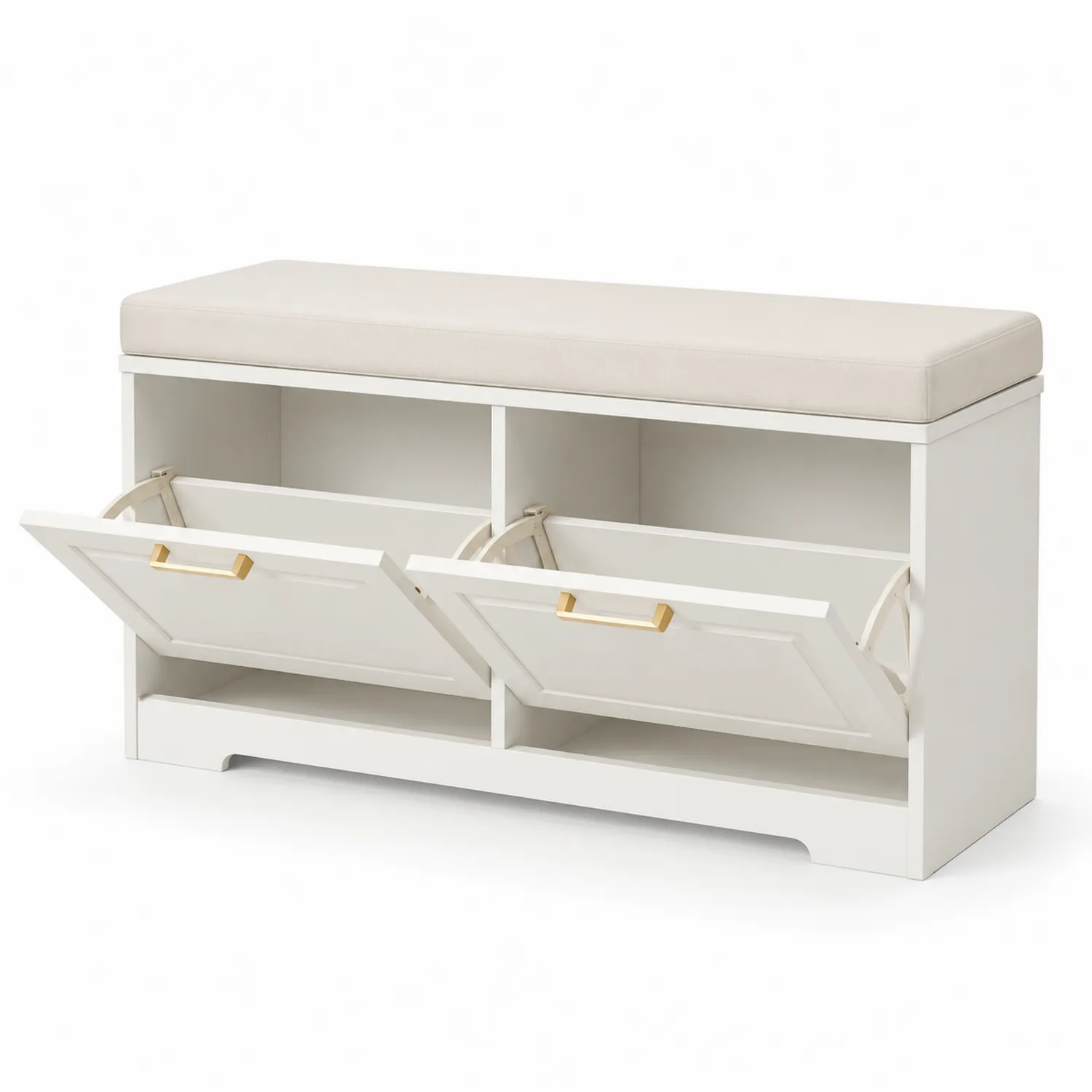 Banc de rangement en bois avec coussin beige et poignées dorées