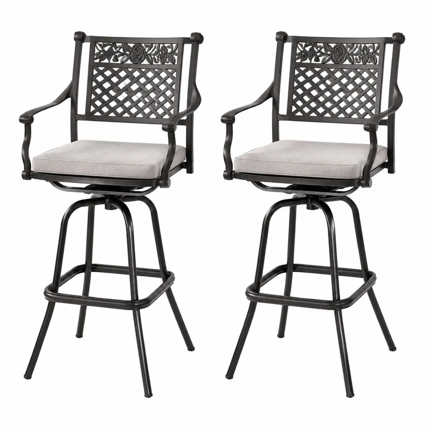 Lot de 2 tabourets de bar en aluminium noir avec coussins en polyester gris