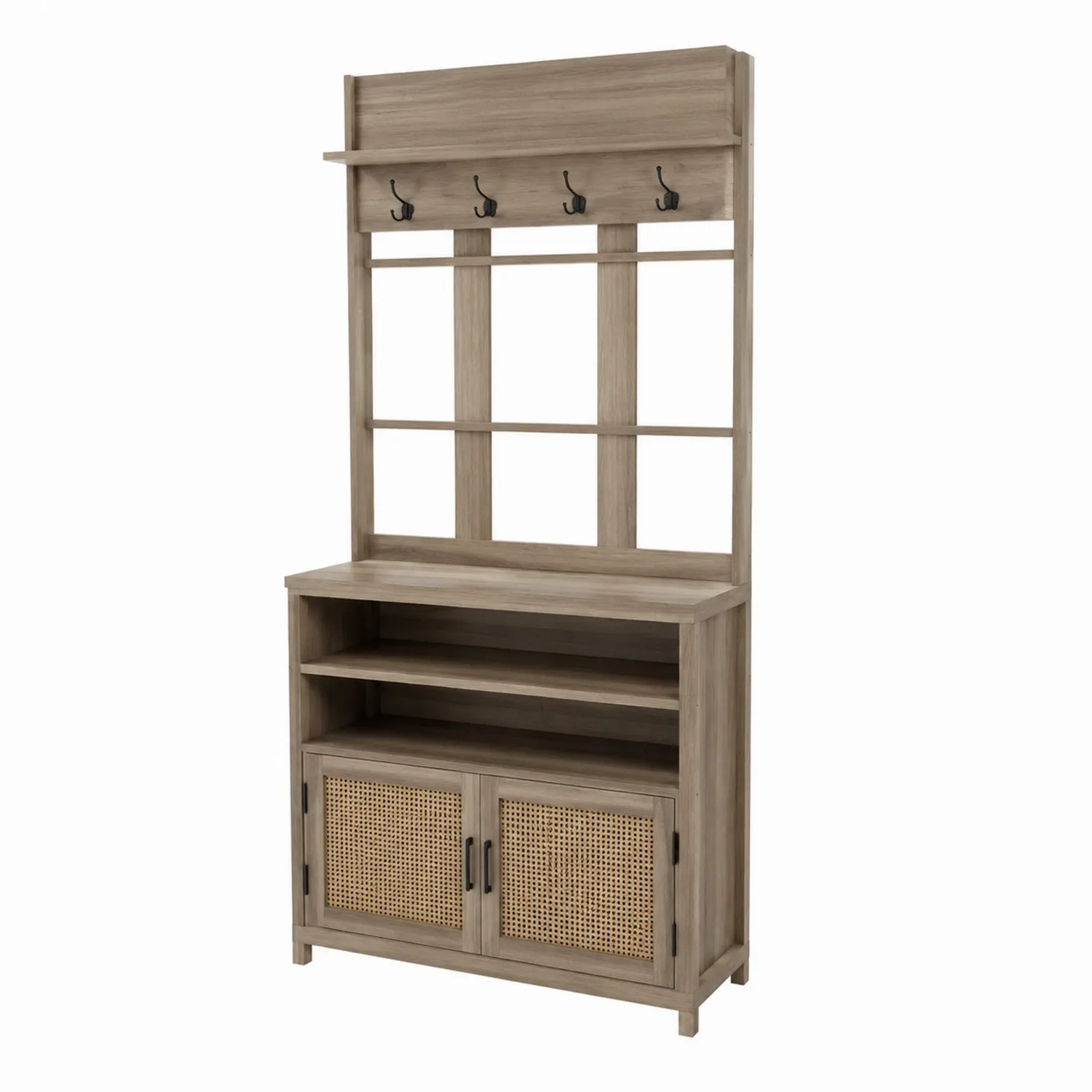 Meuble d'entrée en bois et rotin avec crochets
