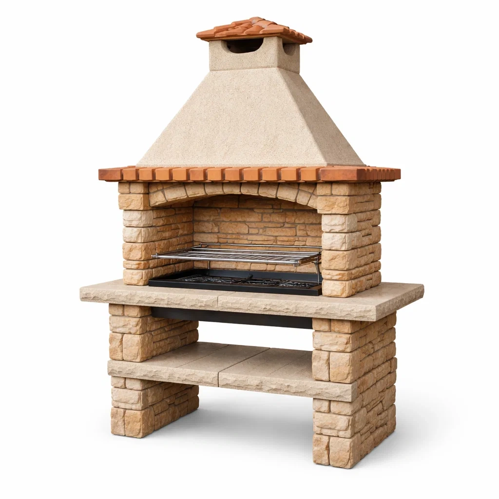 Barbecue en pierre beige avec toit et grille en acier inoxydable 150 x 65 x 200 cm-URBANVI BESPLACE