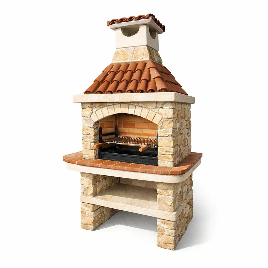 Barbecue en pierre et briques réfractaires crème et rouge 130 x 75 x 230 cm-URBANVI BESPLACE