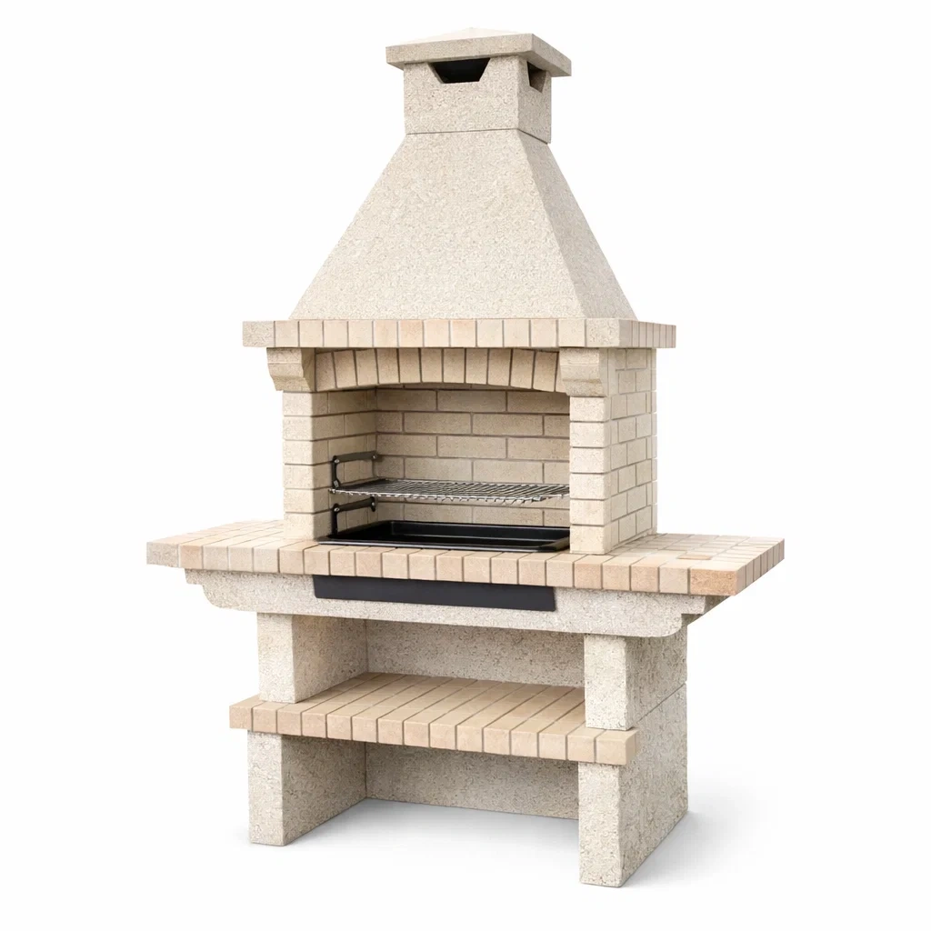 Barbecue en briques réfractaires beige avec hotte en ciment 120 x 60 x 210 cm-URBANVI BESPLACE