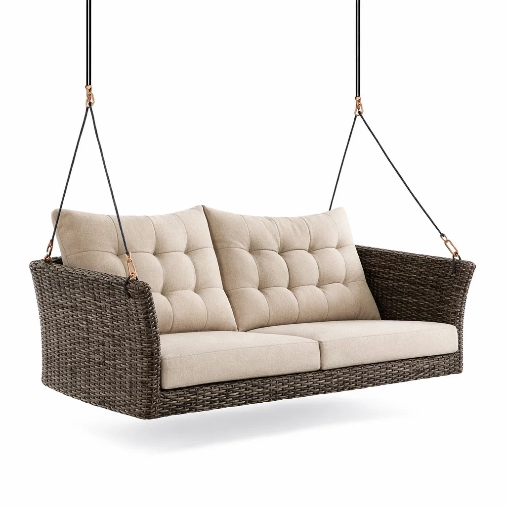 Balancelle de porche en rotin synthétique avec coussins en polyester beige-URBANVI BESPLACE