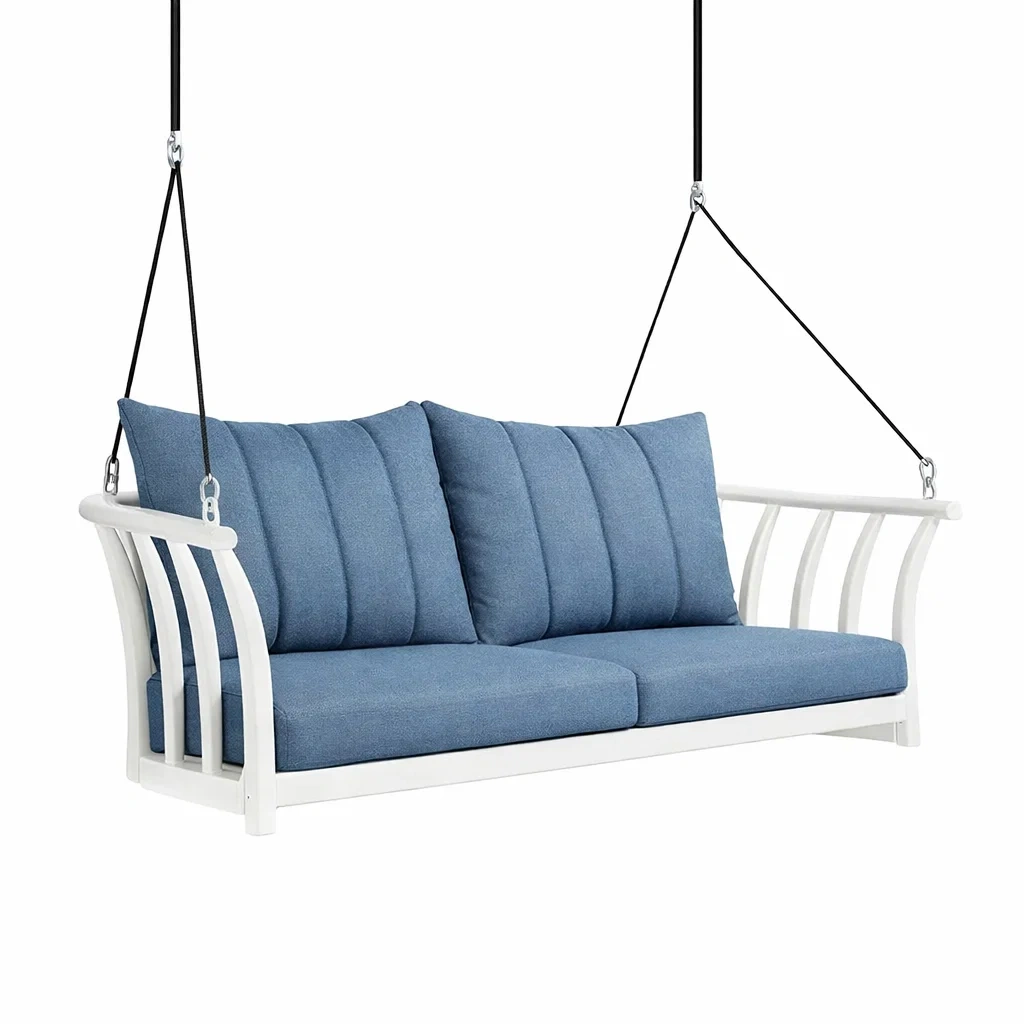 Balancelle de porche en bois et tissu bleu-URBANVI BESPLACE
