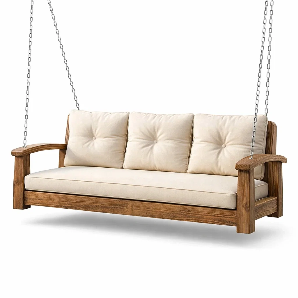 Balancelle de porche en bois avec coussins en toile polyester beige-URBANVI BESPLACE