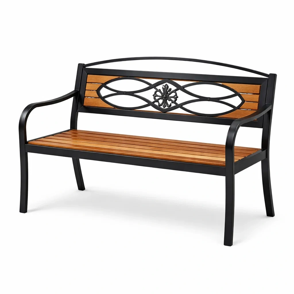 Banc en métal et bois marron et noir avec dossier décoratif-URBANVI BESPLACE