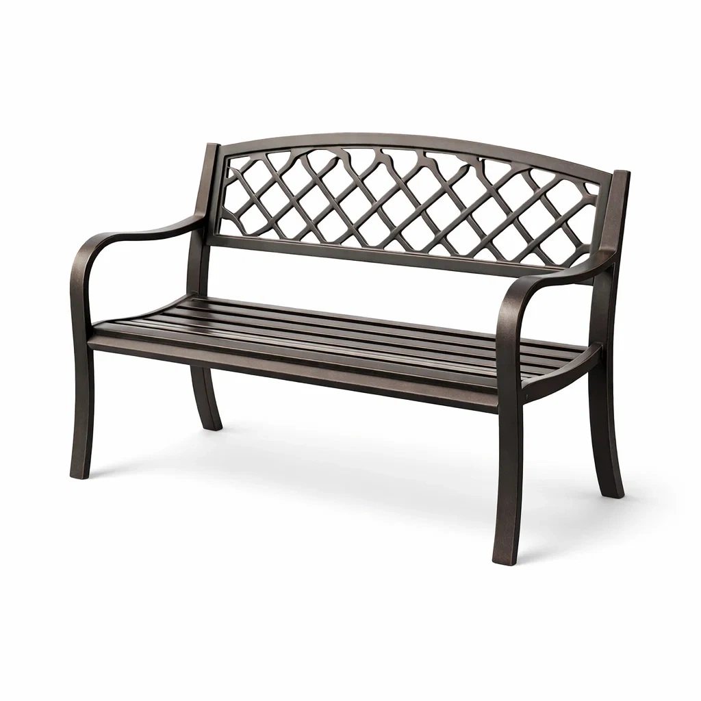 Banc en métal brun avec dossier en treillis-URBANVI BESPLACE
