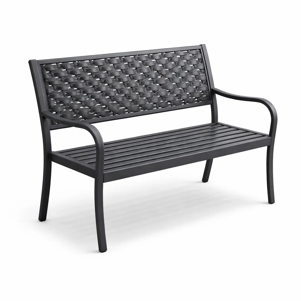 Banc en métal noir avec dossier tressé-URBANVI BESPLACE