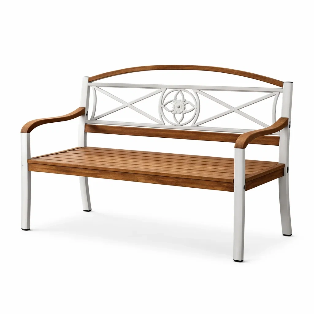 Banc en bois et métal avec motif floral-URBANVI BESPLACE