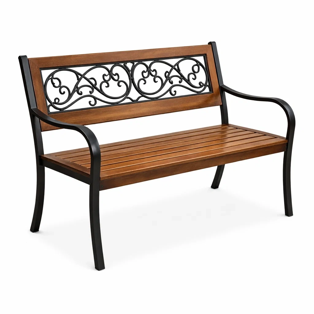 Banc en bois et métal avec dossier décoratif-URBANVI BESPLACE