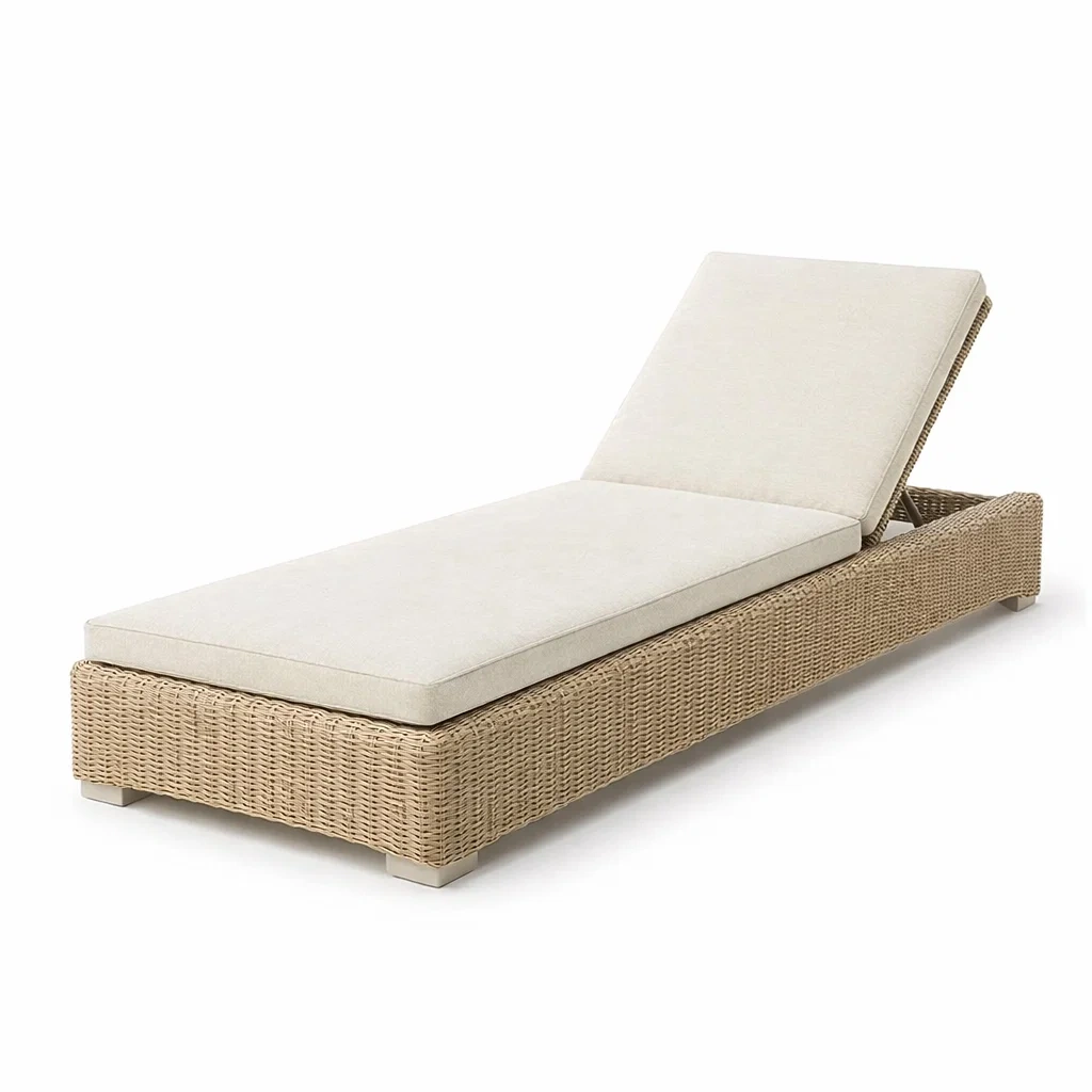 Chaise longue en rotin synthétique beige avec coussins crème-URBANVI BESPLACE